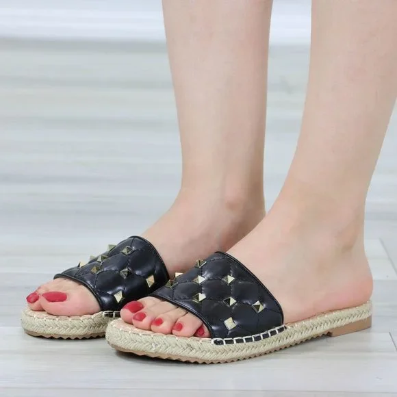 Black Flat Sandal Slip On Sliders Trendy Espadrille Gold Studs Quilted Toe Band - Picture 13 of 13